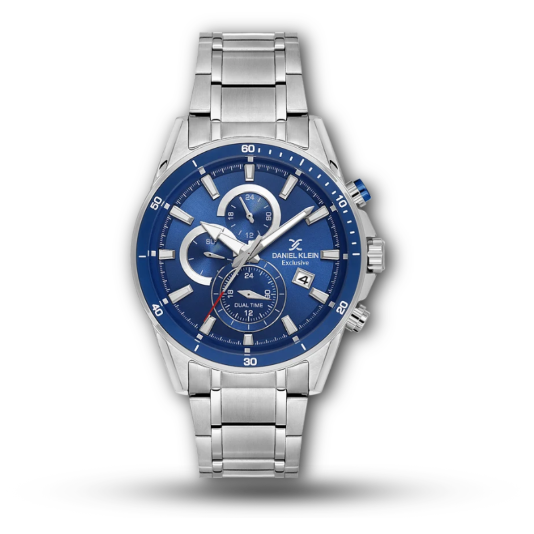 Daniel Klein DK.1.14247 Dual Time Chronograph Style Stainless Steel Men’s Watch, Blue 2 Colorways (Ice Blue Dial and Deep Blue Dial)
