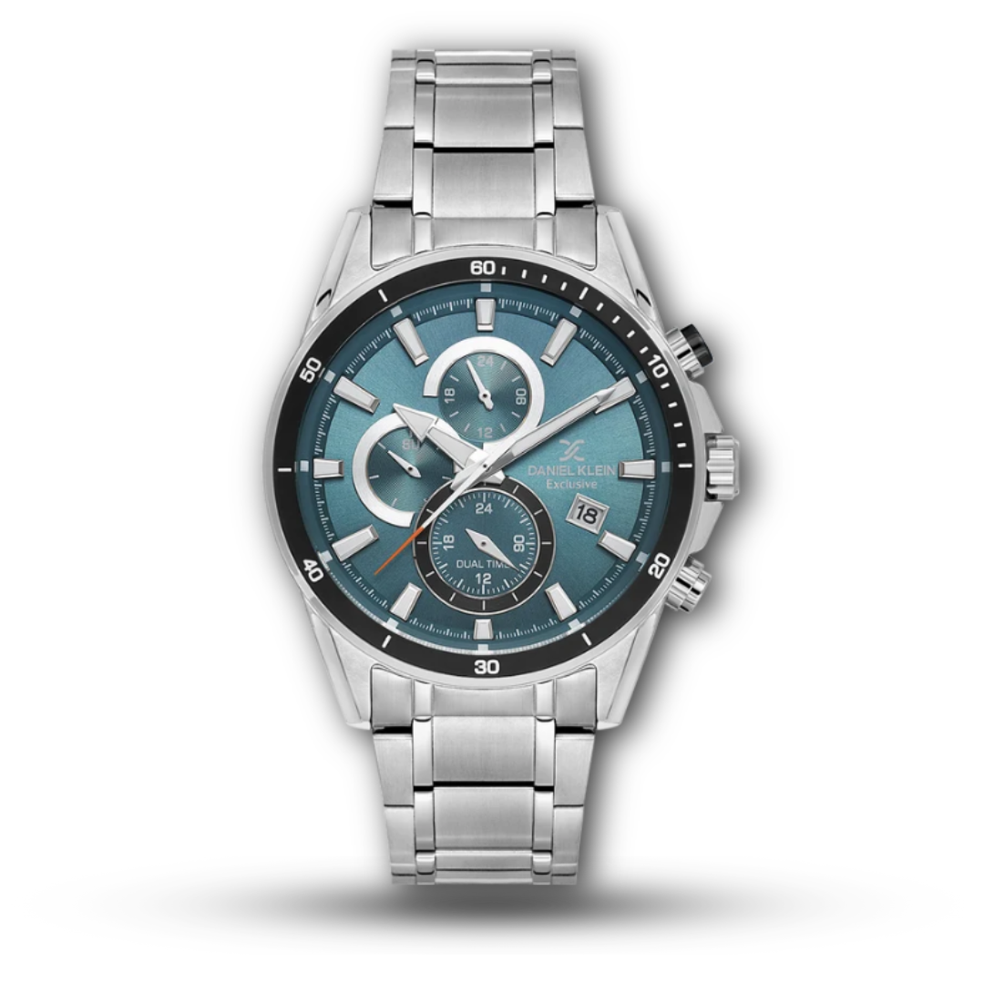 Daniel Klein DK.1.14247 Dual Time Chronograph Style Stainless Steel Men’s Watch, Teal and White 2 Colorways (Teal Dial and White Dial)
