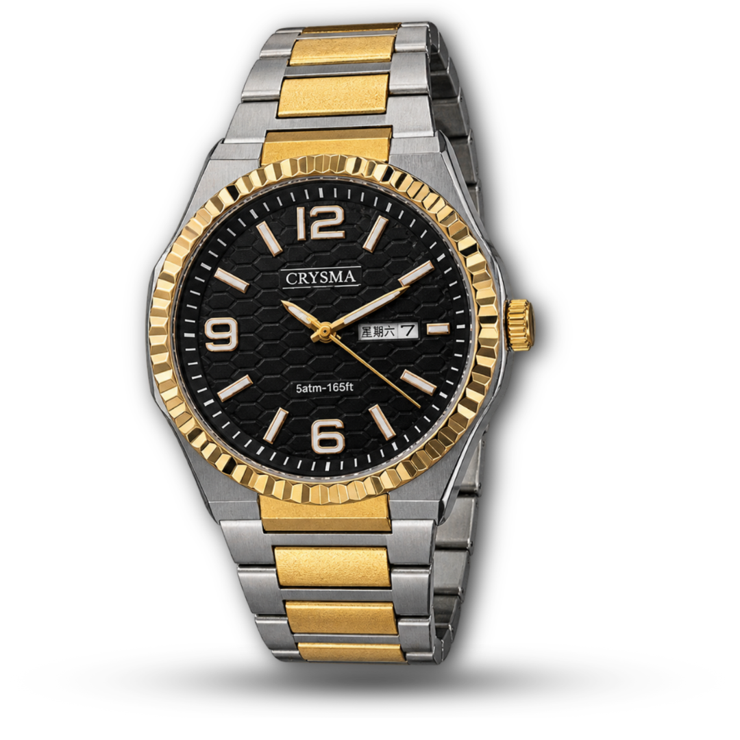 Crysma 6020 – Fluted Bezel Honeycomb Dial Day-Date Watch