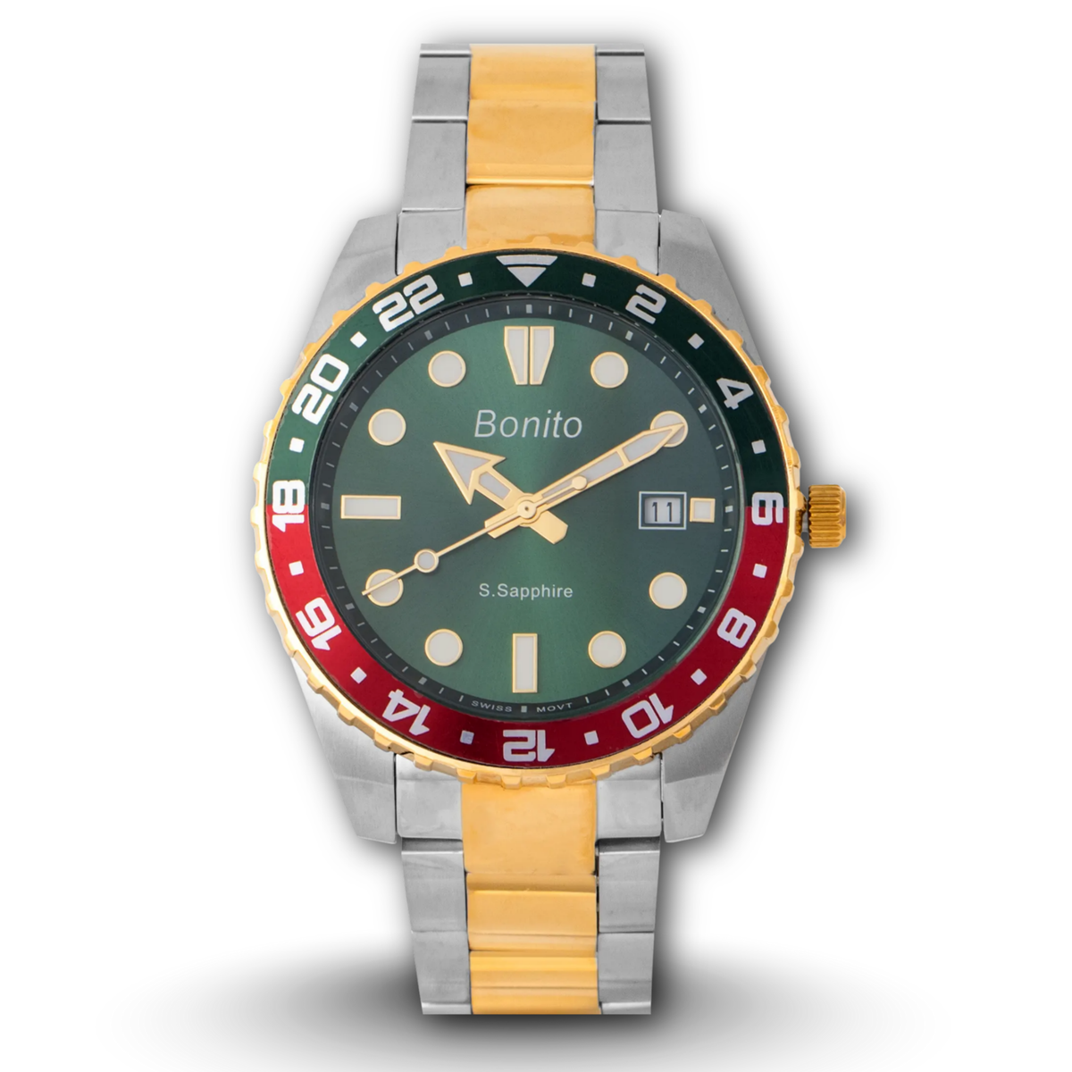 Bonito K-5141 Green Dial Two-Tone Men's Metal Band Watch