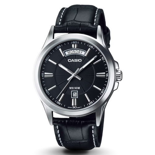 Casio MTP-1381L-1AVDF Black Dial Leather Strap Men's Watch front view
