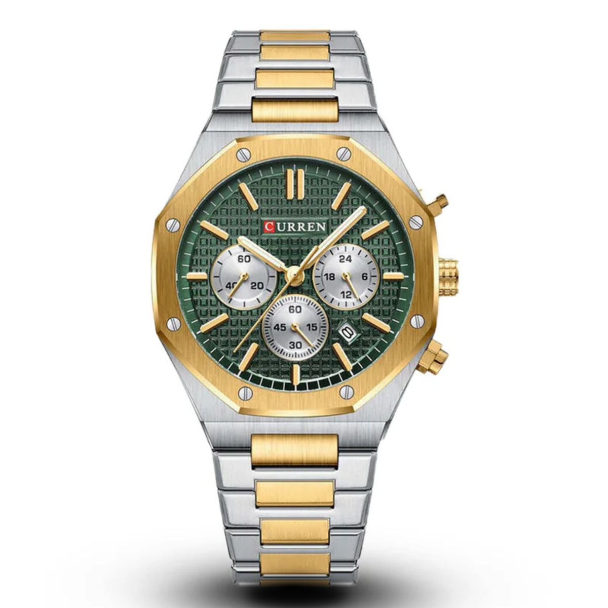 8440 Curren Green Dial Silver,Gold Steel Chain Chronograph Analog Quartz Men's Watch.
