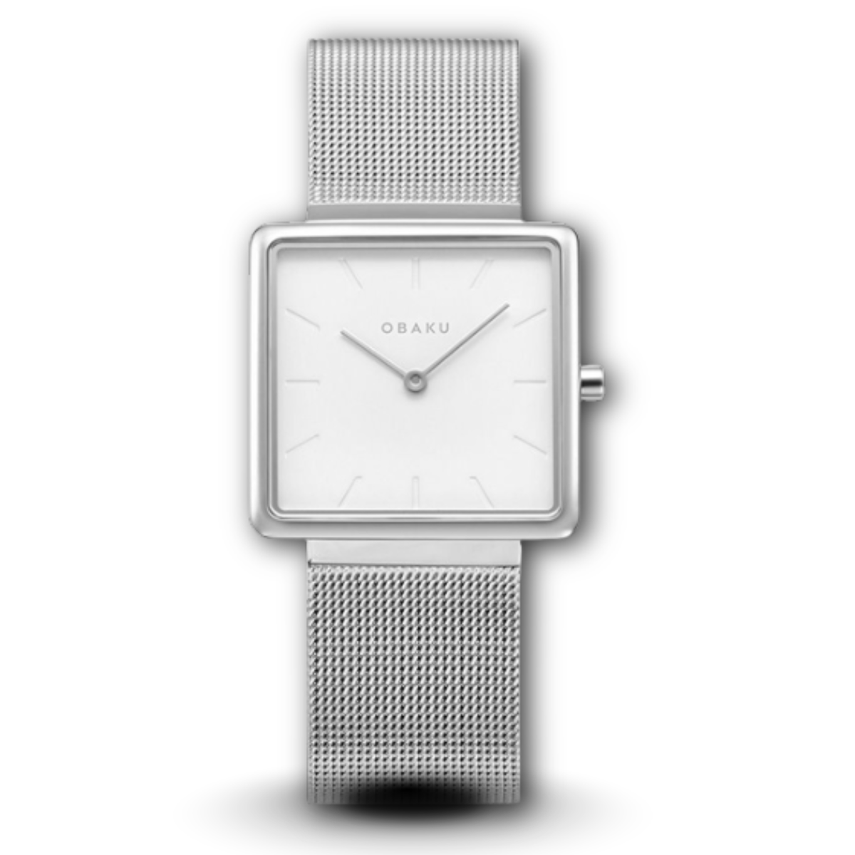 Obaku V236LXCIMC silver mesh chain & white square dial women quartz hand watch.