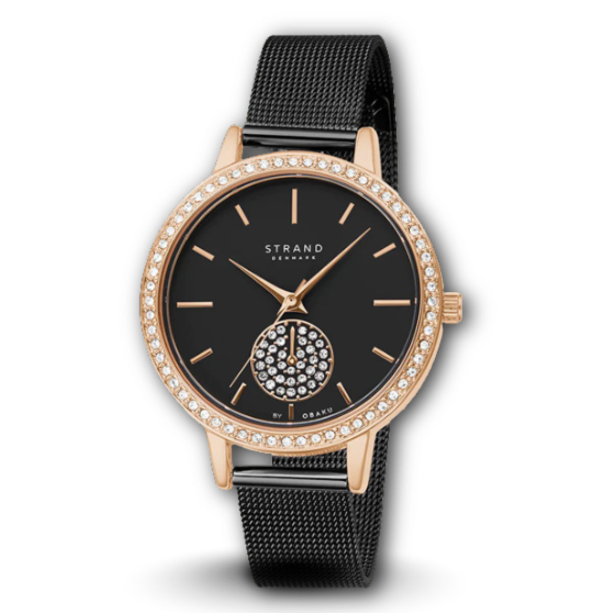 Strand S705LXVBMB women's fashion wrist watch in black mesh chain & stone engraved black dial.