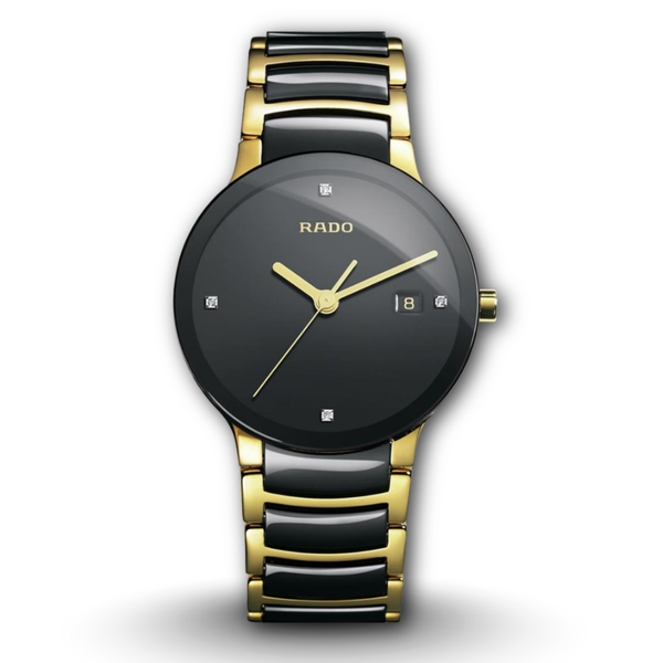 Rado R30929712 Centrix Black Gold Two-Tone Metal Band Men's Watch front view