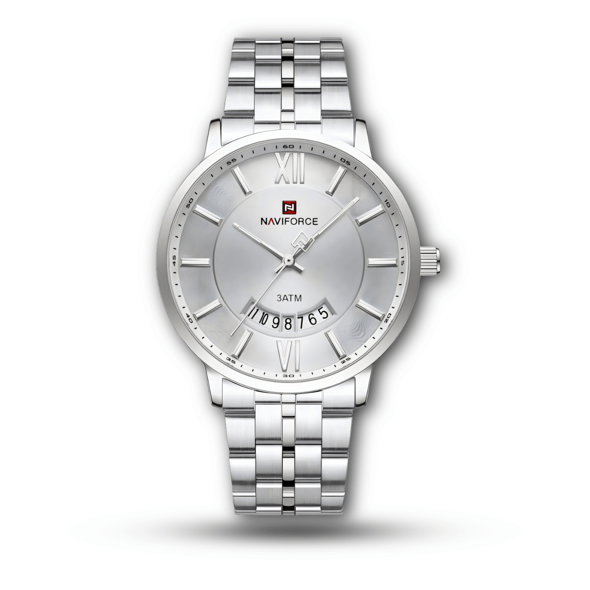 Naviforce NF9238 – Stainless Steel Roman Numeral Watch with Retrograde Date